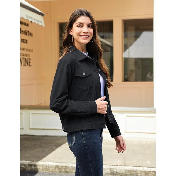 Women Black Corduroy Cropped Shacket Button Down Long Sleeve Casual Coat - Picture 3 of 6